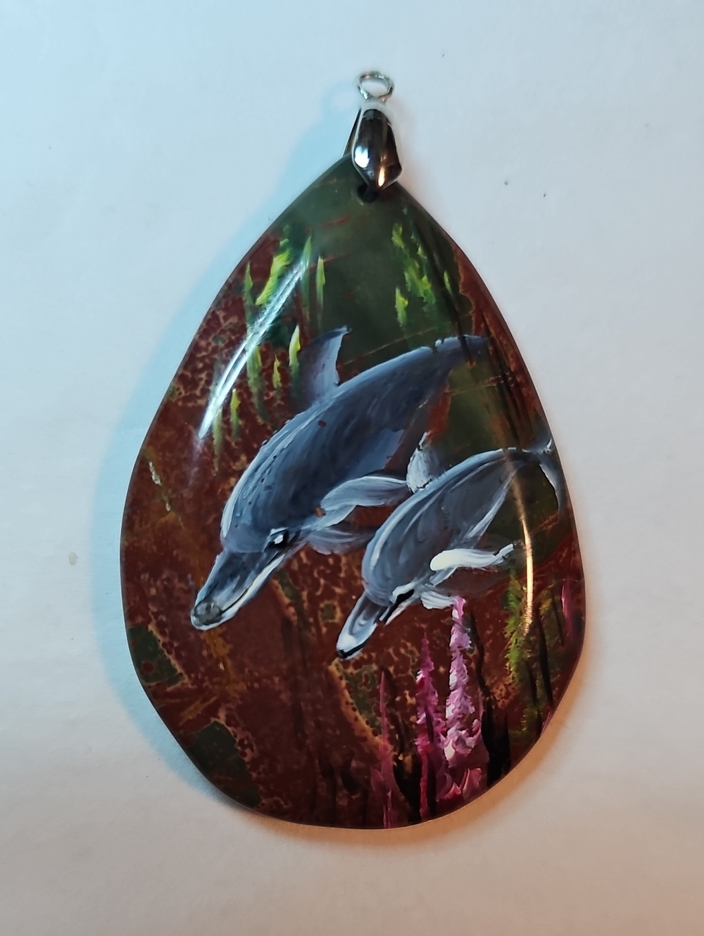 Hand-Painted Dolphin Teardrop Pendant - Multicolor